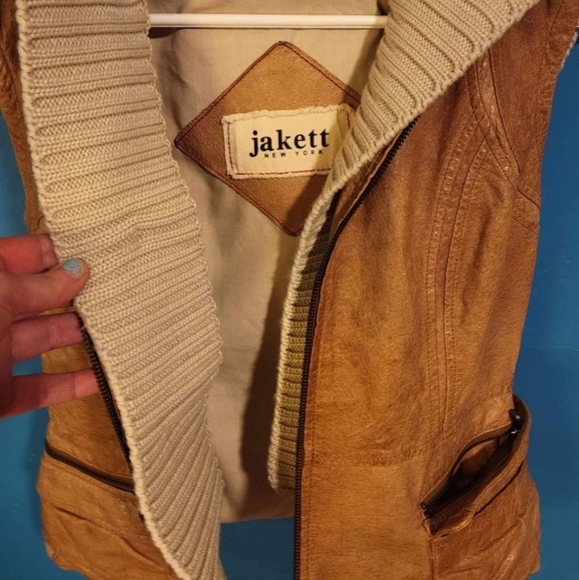 JACKETT NEW YORK Genuine Leather Boho Tan Vest with Hood Small - Picture 8 of 11